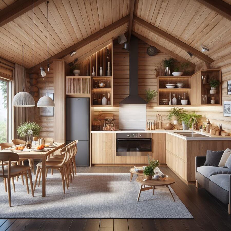 Combined kitchen and living room in a wooden house interior photorealistic style